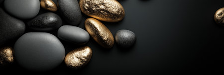 Polished and rough black stones with gold accents lie on a dark surface with copy space. Black and gold textured stones creating an elegant backgroundの写真素材