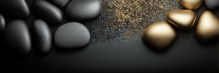 Polished and rough black stones with gold accents lie on a dark surface with copy space. Black and gold textured stones creating an elegant backgroundの写真素材