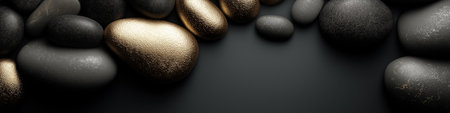 Polished and rough black stones with gold accents lie on a dark surface with copy space. Black and gold textured stones creating an elegant backgroundの写真素材