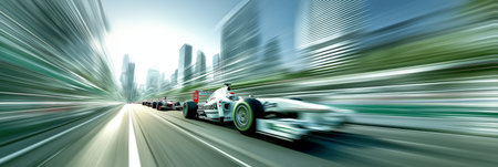 Racing cars generating speed blur through a modern urban cityscape, showing dynamic action. Formula racing cars speeding through futuristic cityの写真素材