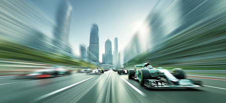 Racing cars generating speed blur through a modern urban cityscape, showing dynamic action. Formula racing cars speeding through futuristic cityの写真素材