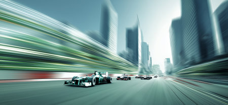 Racing cars generating speed blur through a modern urban cityscape, showing dynamic action. Formula racing cars speeding through futuristic cityの写真素材