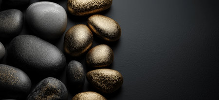 Polished and rough black stones with gold accents lie on a dark surface with copy space. Black and gold textured stones creating an elegant backgroundの写真素材