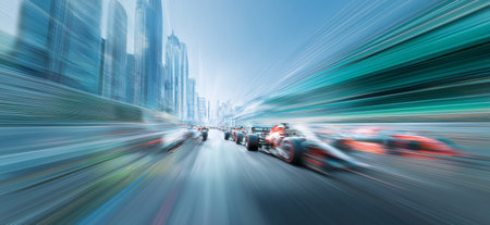 Racing cars generating speed blur through a modern urban cityscape, showing dynamic action. Formula racing cars speeding through futuristic cityの写真素材