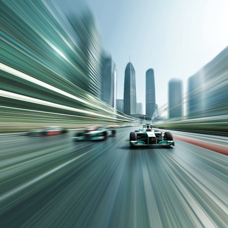 Racing cars generating speed blur through a modern urban cityscape, showing dynamic action. Formula racing cars speeding through futuristic cityの写真素材