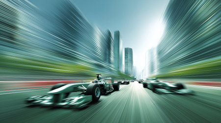 Racing cars generating speed blur through a modern urban cityscape, showing dynamic action. Formula racing cars speeding through futuristic cityの写真素材