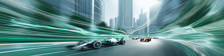 Racing cars generating speed blur through a modern urban cityscape, showing dynamic action. Formula racing cars speeding through futuristic cityの写真素材