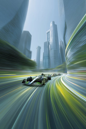 Racing cars generating speed blur through a modern urban cityscape, showing dynamic action. Formula racing cars speeding through futuristic cityの写真素材