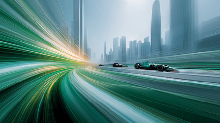 Racing cars generating speed blur through a modern urban cityscape, showing dynamic action. Formula racing cars speeding through futuristic cityの写真素材