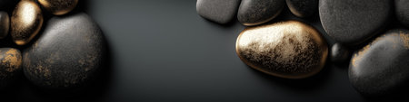 Polished and rough black stones with gold accents lie on a dark surface with copy space. Black and gold textured stones creating an elegant backgroundの写真素材