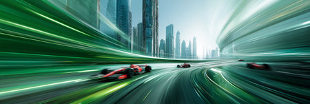 Racing cars generating speed blur through a modern urban cityscape, showing dynamic action. Formula racing cars speeding through futuristic cityの写真素材