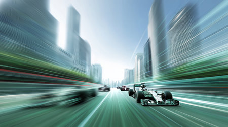 Racing cars generating speed blur through a modern urban cityscape, showing dynamic action. Formula racing cars speeding through futuristic cityの写真素材