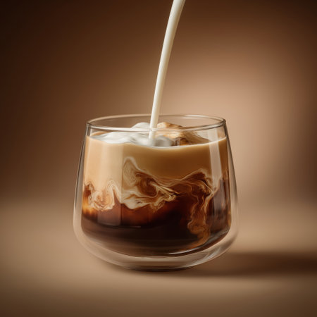 Milk pouring into coffee creating splash and swirl. Milk pouring into a glass cup of black coffee, creating a dynamic splash and creamy layersの写真素材