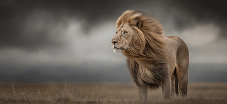 Powerful lion representing leadership, strength, and authority in dry grass. Lion standing in savanna looking into distance under dark skyの写真素材