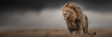 Powerful lion representing leadership, strength, and authority in dry grass. Lion standing in savanna looking into distance under dark skyの写真素材