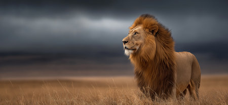 Powerful lion representing leadership, strength, and authority in dry grass. Lion standing in savanna looking into distance under dark skyの写真素材