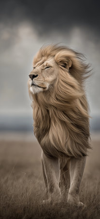 Powerful lion representing leadership, strength, and authority in dry grass. Lion standing in savanna looking into distance under dark skyの写真素材