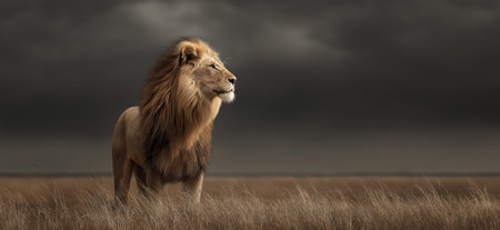 Powerful lion representing leadership, strength, and authority in dry grass. Lion standing in savanna looking into distance under dark skyの写真素材