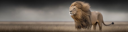 Powerful lion representing leadership, strength, and authority in dry grass. Lion standing in savanna looking into distance under dark skyの写真素材