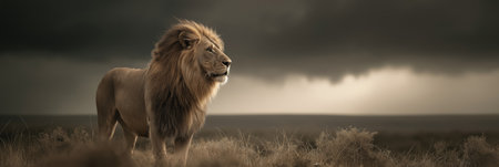 Powerful lion representing leadership, strength, and authority in dry grass. Lion standing in savanna looking into distance under dark skyの写真素材
