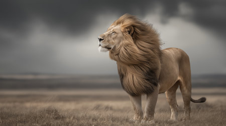 Powerful lion representing leadership, strength, and authority in dry grass. Lion standing in savanna looking into distance under dark skyの写真素材