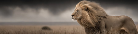Powerful lion representing leadership, strength, and authority in dry grass. Lion standing in savanna looking into distance under dark skyの写真素材