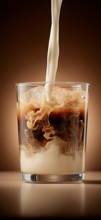Milk pouring into coffee creating splash and swirl. Milk pouring into a glass cup of black coffee, creating a dynamic splash and creamy layersの写真素材