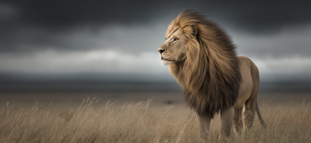 Powerful lion representing leadership, strength, and authority in dry grass. Lion standing in savanna looking into distance under dark skyの写真素材