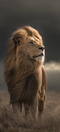 Powerful lion representing leadership, strength, and authority in dry grass. Lion standing in savanna looking into distance under dark skyの写真素材
