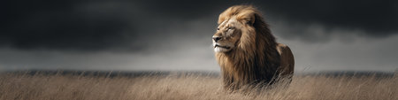 Powerful lion representing leadership, strength, and authority in dry grass. Lion standing in savanna looking into distance under dark skyの写真素材
