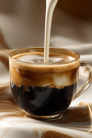 Milk pouring into coffee creating splash and swirl. Milk pouring into a glass cup of black coffee, creating a dynamic splash and creamy layersの写真素材