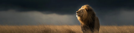 Powerful lion representing leadership, strength, and authority in dry grass. Lion standing in savanna looking into distance under dark skyの写真素材