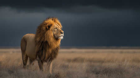 Powerful lion representing leadership, strength, and authority in dry grass. Lion standing in savanna looking into distance under dark skyの写真素材
