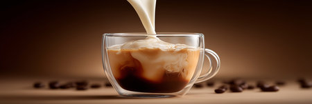 Milk pouring into coffee creating splash and swirl. Milk pouring into a glass cup of black coffee, creating a dynamic splash and creamy layersの写真素材