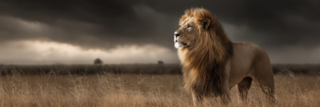 Powerful lion representing leadership, strength, and authority in dry grass. Lion standing in savanna looking into distance under dark skyの写真素材