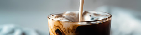 Milk pouring into coffee creating splash and swirl. Milk pouring into a glass cup of black coffee, creating a dynamic splash and creamy layersの写真素材