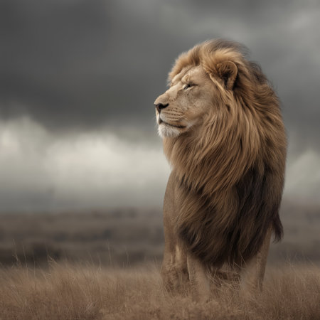 Powerful lion representing leadership, strength, and authority in dry grass. Lion standing in savanna looking into distance under dark skyの写真素材