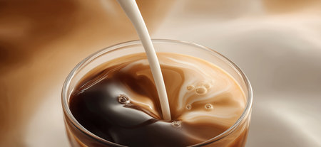Milk pouring into coffee creating splash and swirl. Milk pouring into a glass cup of black coffee, creating a dynamic splash and creamy layersの写真素材