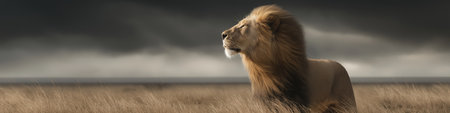 Powerful lion representing leadership, strength, and authority in dry grass. Lion standing in savanna looking into distance under dark skyの写真素材