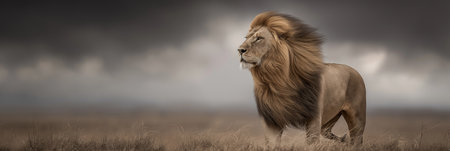 Powerful lion representing leadership, strength, and authority in dry grass. Lion standing in savanna looking into distance under dark skyの写真素材