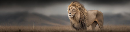 Powerful lion representing leadership, strength, and authority in dry grass. Lion standing in savanna looking into distance under dark skyの写真素材