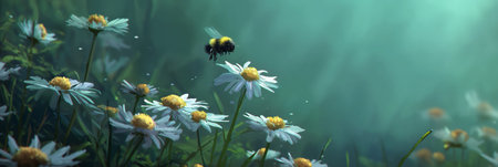 Honeybee approaching a white daisy flower, depicting pollination and a warm spring atmosphere. Bee flying towards daisy exploring spring natureの写真素材
