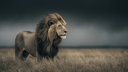 Powerful lion representing leadership, strength, and authority in dry grass. Lion standing in savanna looking into distance under dark skyの写真素材