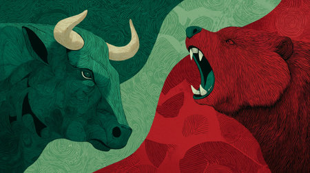 Confronting bull and bear representing opposing forces in financial markets and economy. Bull and bear market financial trading conceptの写真素材