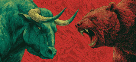 Confronting bull and bear representing opposing forces in financial markets and economy. Bull and bear market financial trading conceptの写真素材