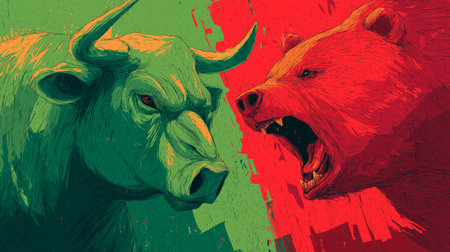 Confronting bull and bear representing opposing forces in financial markets and economy. Bull and bear market financial trading conceptの写真素材