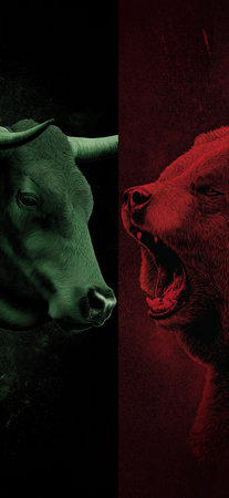Bull and bear symbols depicting contrasting financial market movements and investment strategies. Bull and bear market financial trends conceptの写真素材