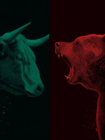Bull and bear symbols depicting contrasting financial market movements and investment strategies. Bull and bear market financial trends conceptの写真素材