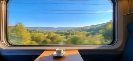 Enjoying a coffee while traveling through scenic autumn countryside seen from a train window. Train journey, European autumn landscape rolling, coffee cupの写真素材