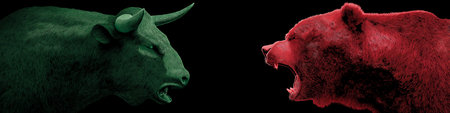 Bull and bear symbols depicting contrasting financial market movements and investment strategies. Bull and bear market financial trends conceptの写真素材